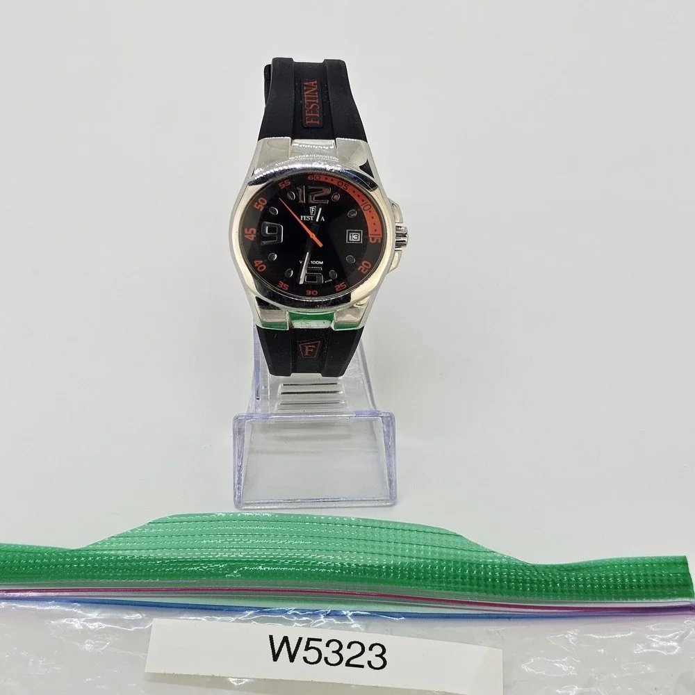Festina Depose Men's Watch 38MM Black Dial Date Black Plastic Bands New Battery